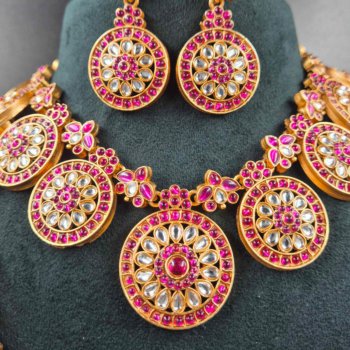 Kemp Stone Necklace Combo Set with Matching Earrings | Pink & White