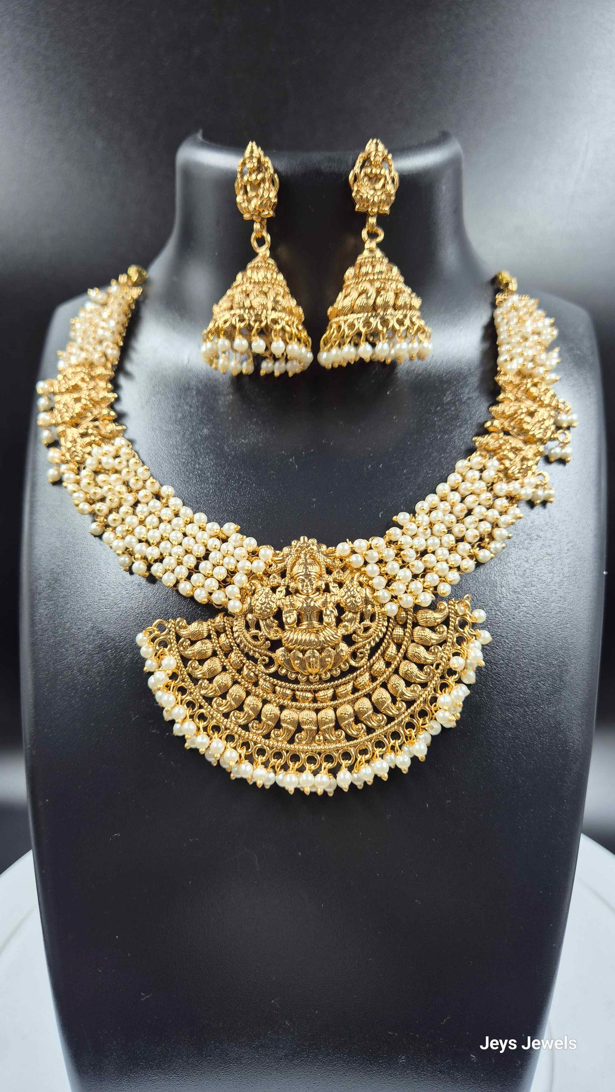 Pearl Lakshmi Temple Necklace Set with Jhumka Earrings