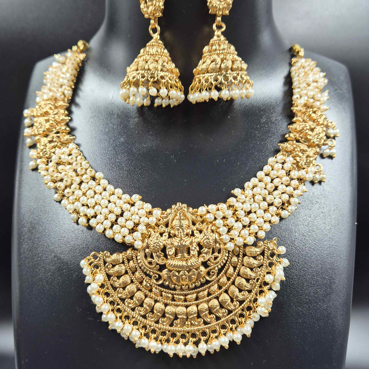 Pearl Lakshmi Temple Necklace Set with Jhumka Earrings