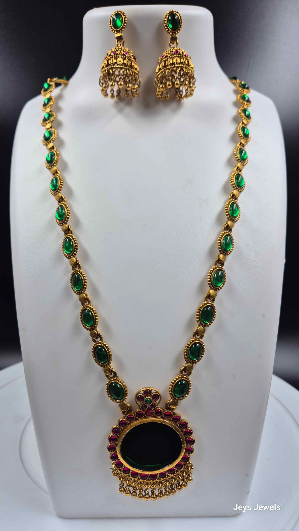 Green Palakka Long Necklace Set with Statement Pendant & Jhumkas