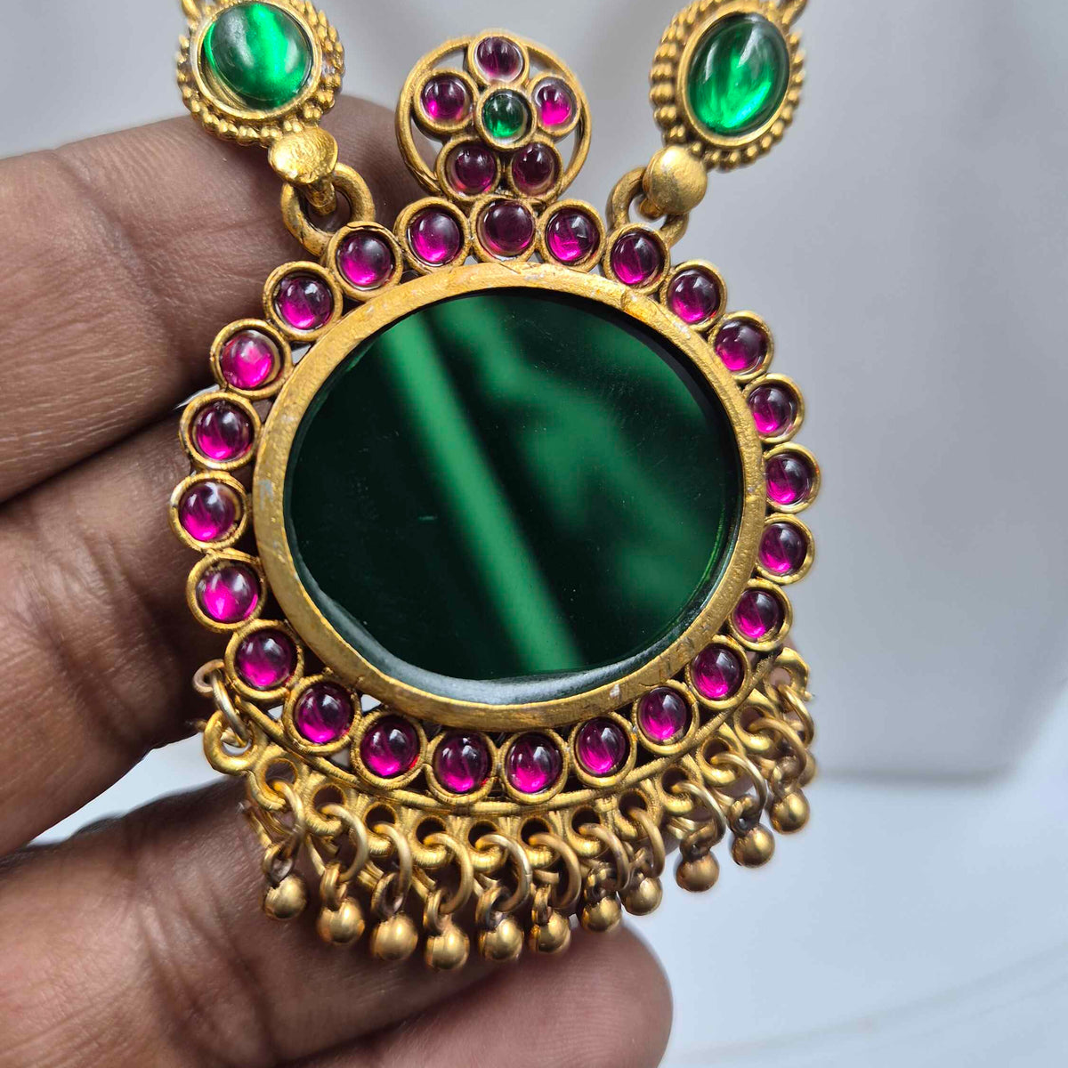 Green Palakka Long Necklace Set with Statement Pendant & Jhumkas