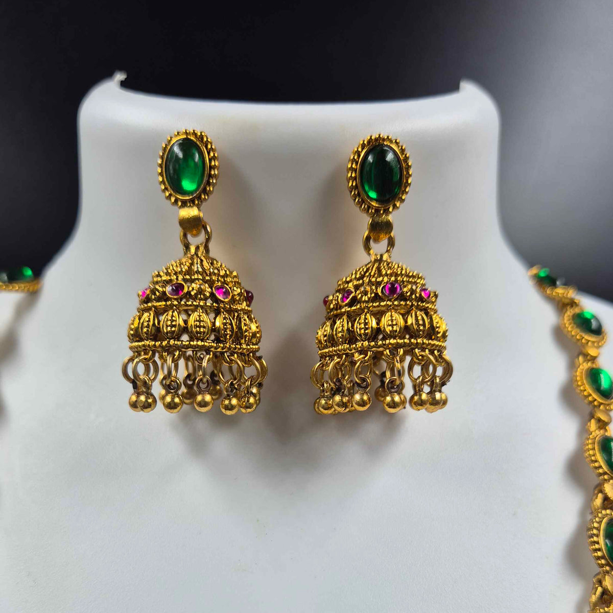 Green Palakka Long Necklace Set with Statement Pendant & Jhumkas