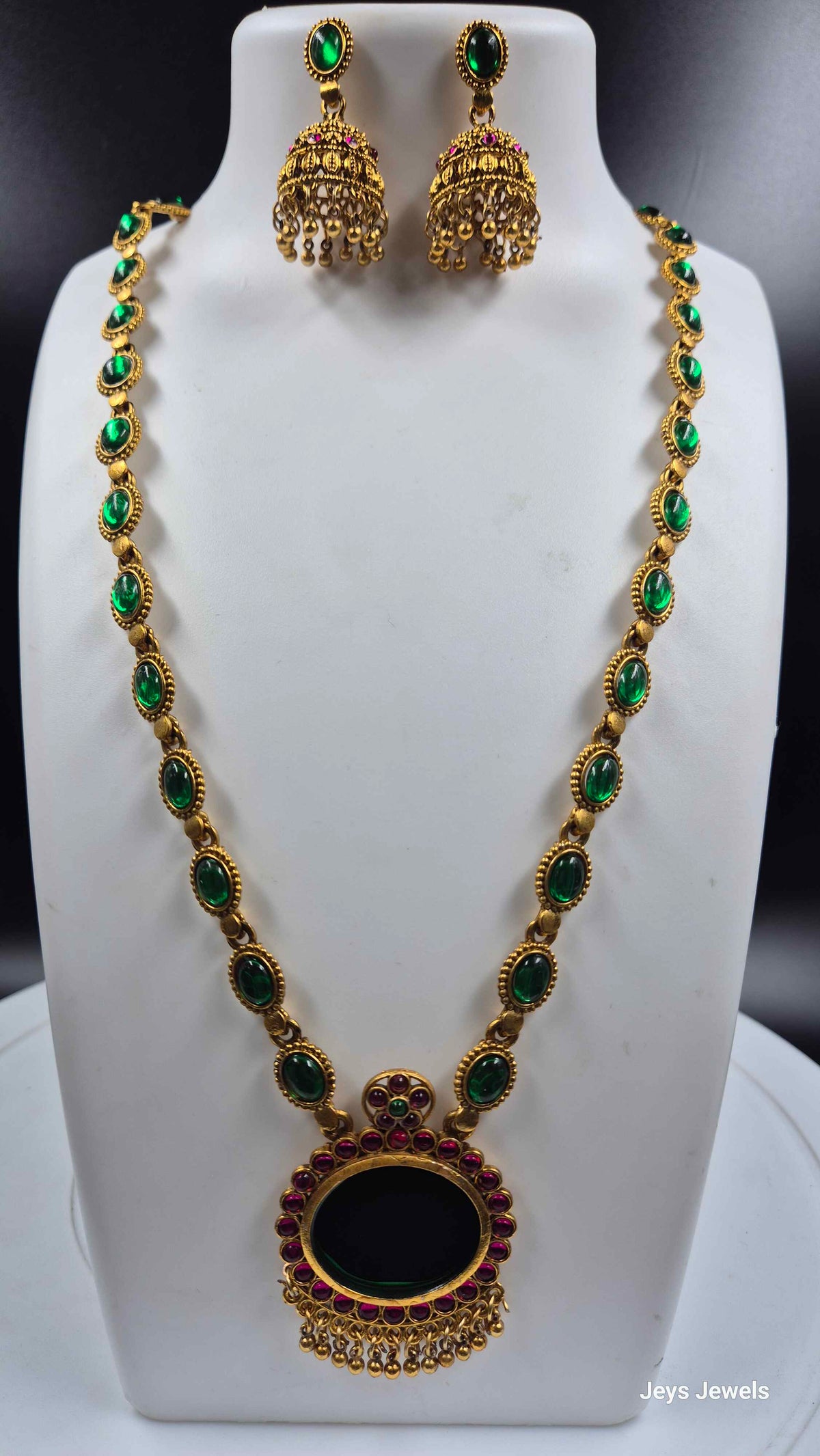 Green Palakka Long Necklace Set with Statement Pendant & Jhumkas