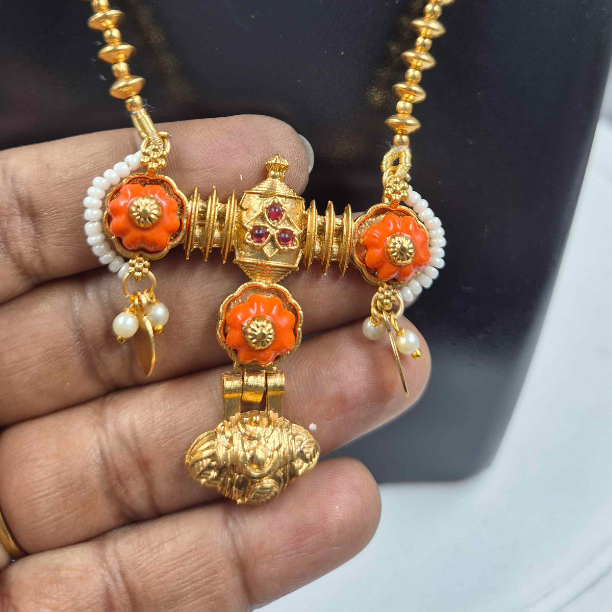 Orange coral in floral pattern haram  & Matching Earrings