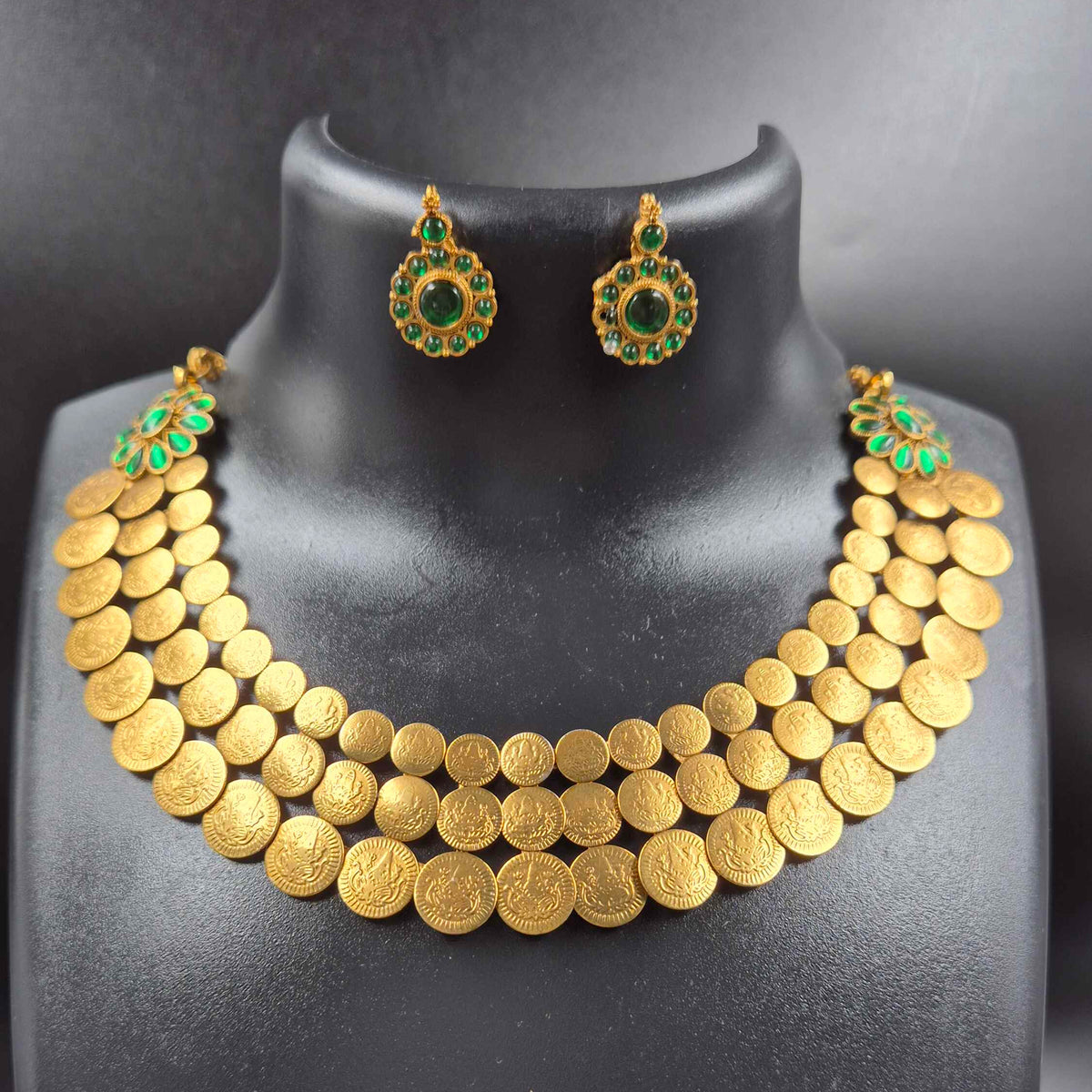 Green Kemp Coin Mala Necklace Set with Matching Earrings