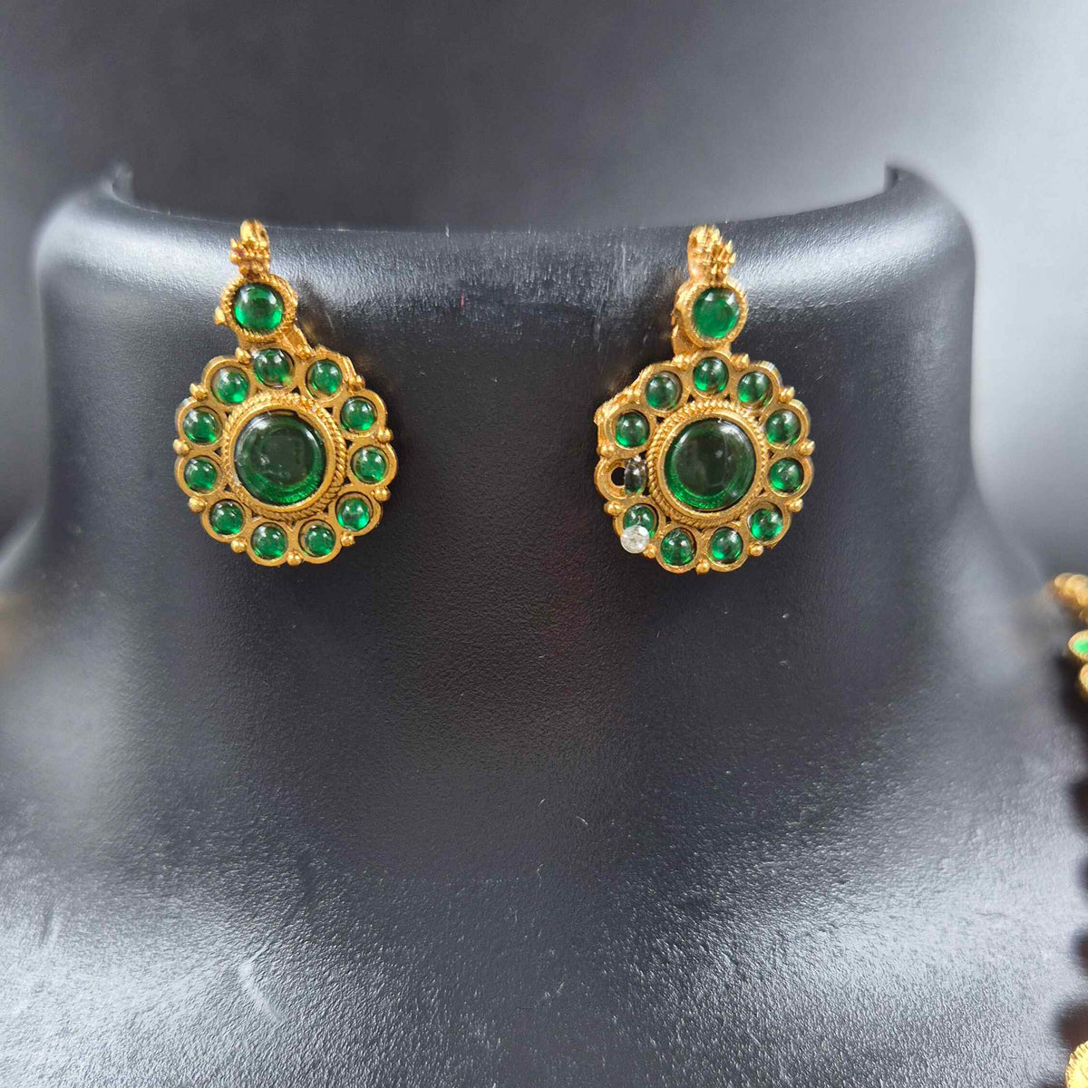 Green Kemp Coin Mala Necklace Set with Matching Earrings