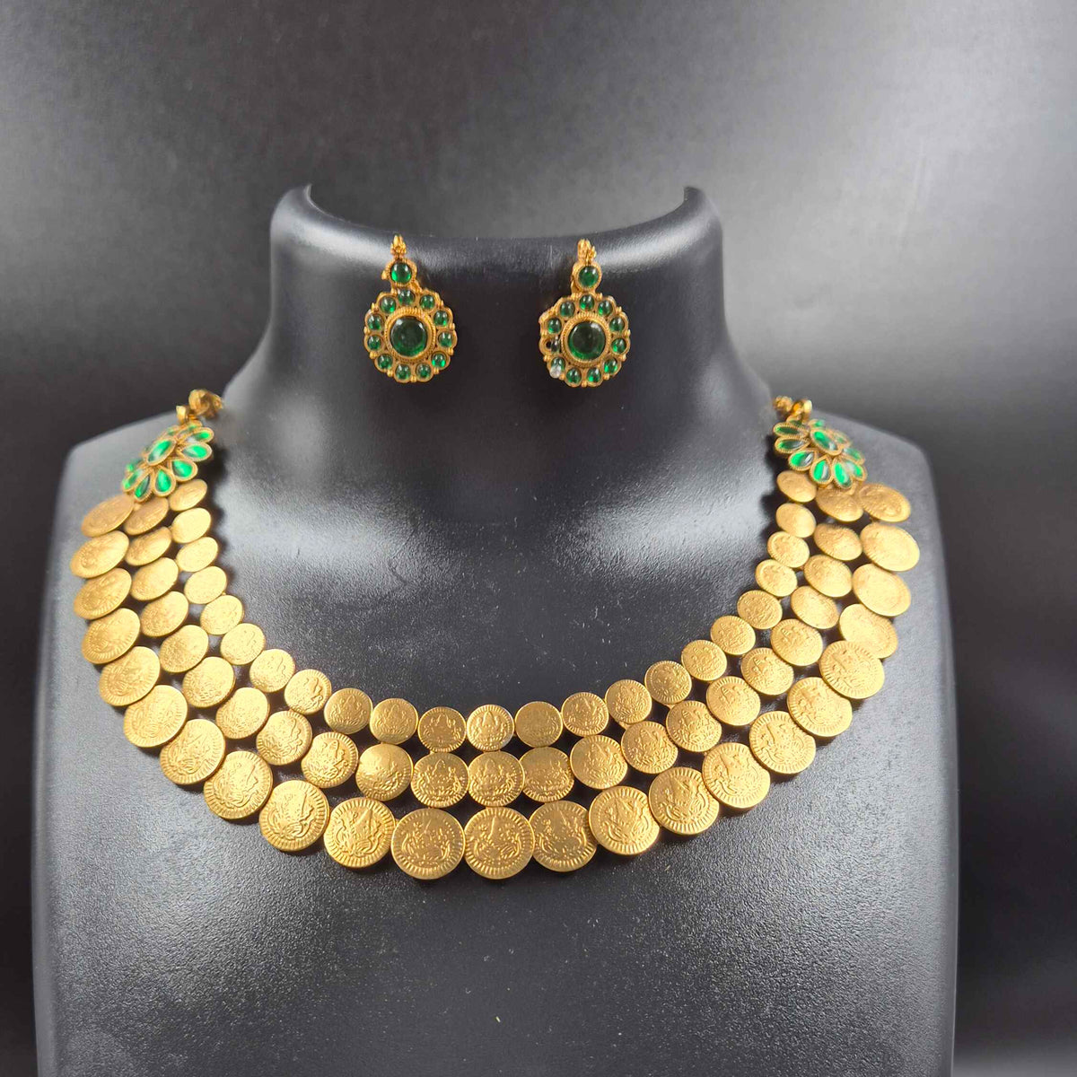 Green Kemp Coin Mala Necklace Set with Matching Earrings