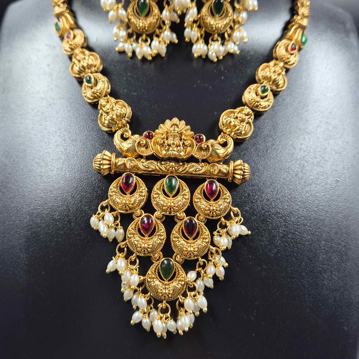 Lakshmi Peacock Kemp Haram with Ruby Green Stones & Pearl Drops