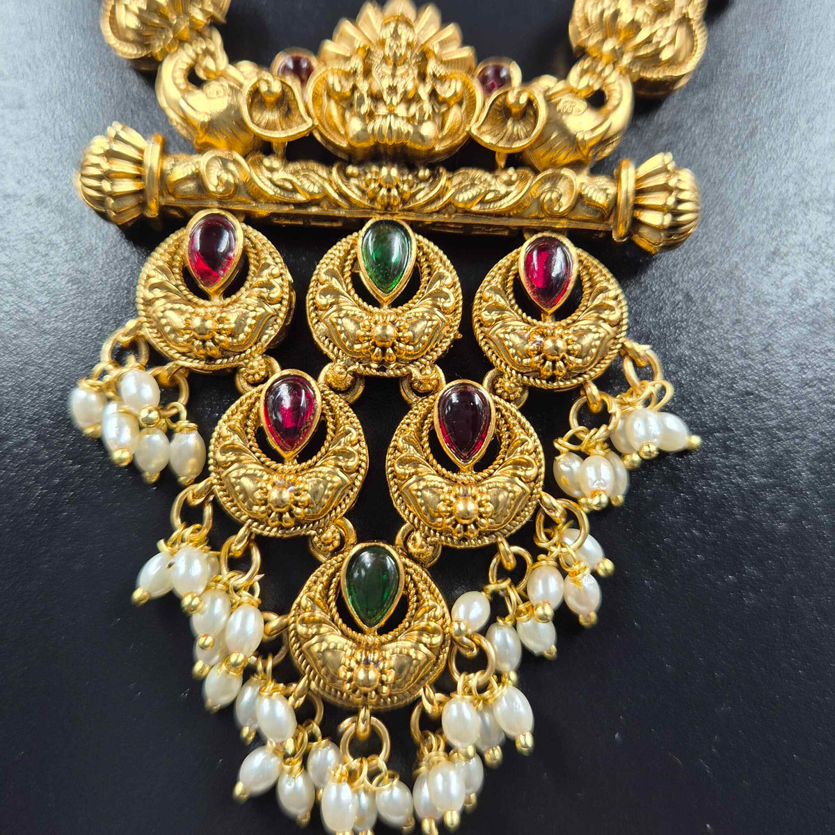 Lakshmi Peacock Kemp Haram with Ruby Green Stones & Pearl Drops