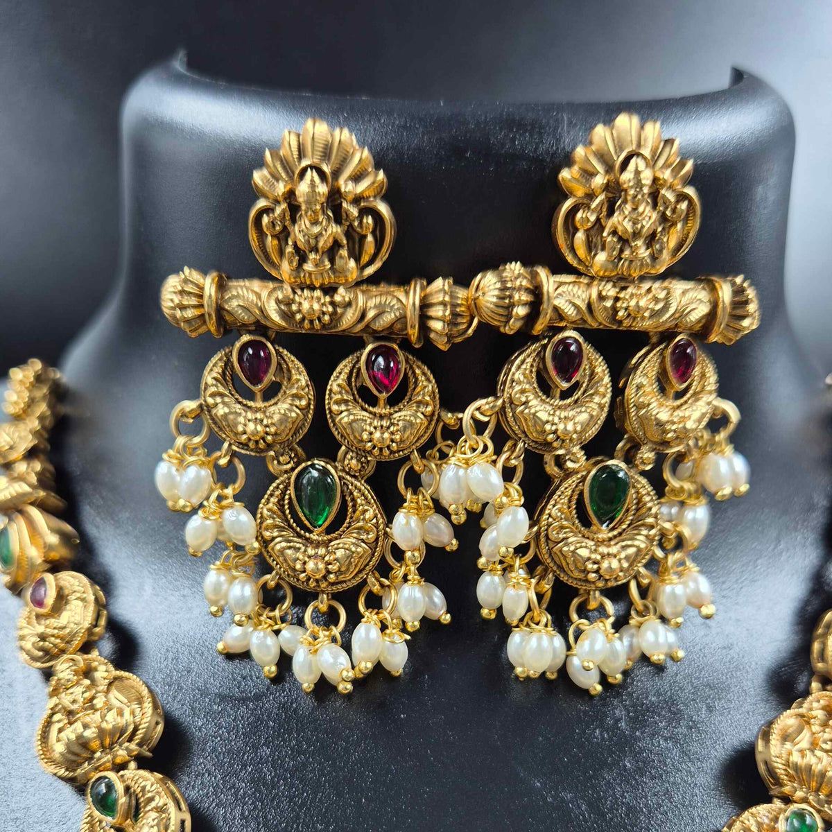 Lakshmi Peacock Kemp Haram with Ruby Green Stones & Pearl Drops