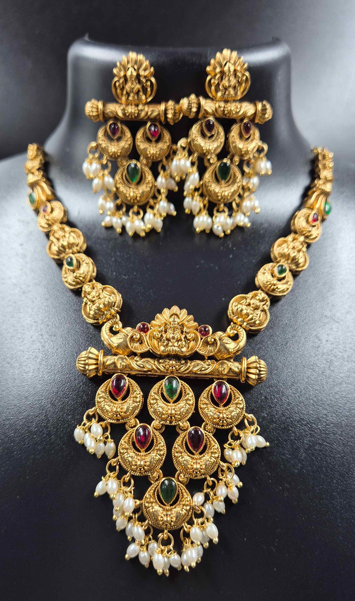 Lakshmi Peacock Kemp Haram with Ruby Green Stones & Pearl Drops