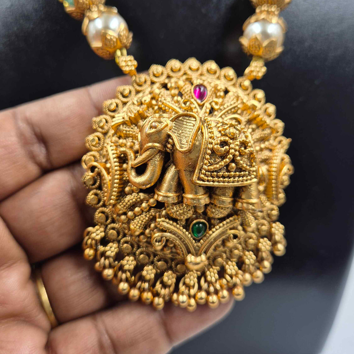 Round Elephant Dollar Pendant Necklace Set with Jhumkas
