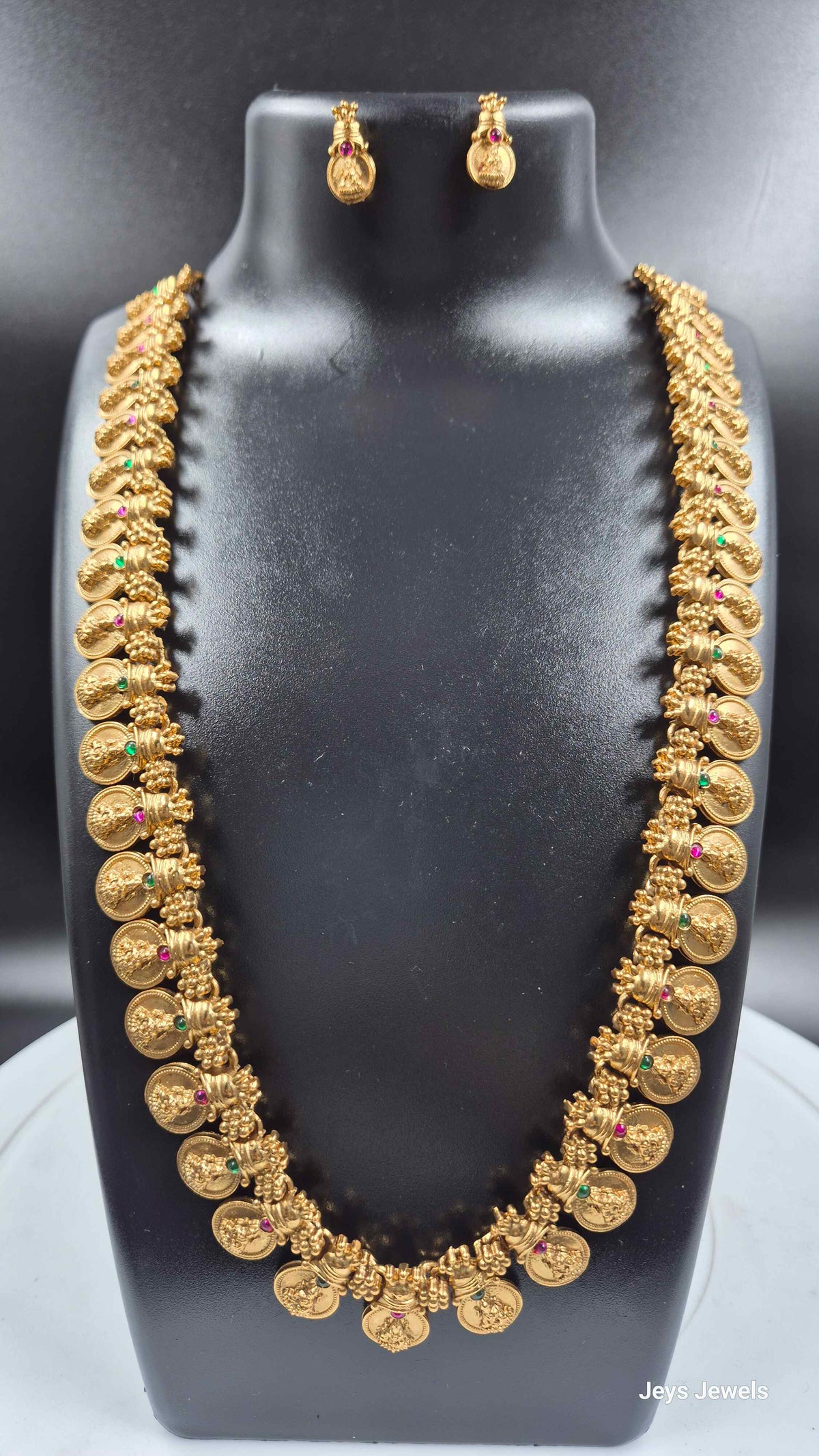Lakshmi Kasu Mala Necklace with Pink & Green Stone Accents