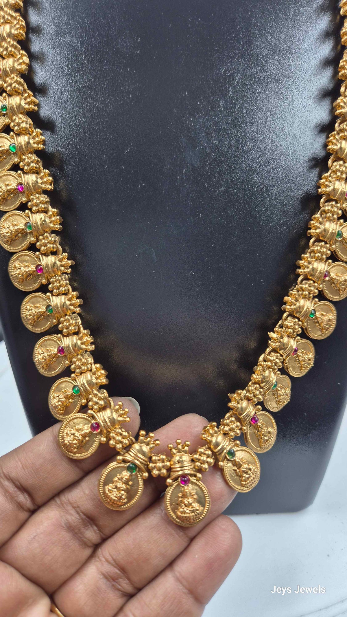 Lakshmi Kasu Mala Necklace with Pink & Green Stone Accents