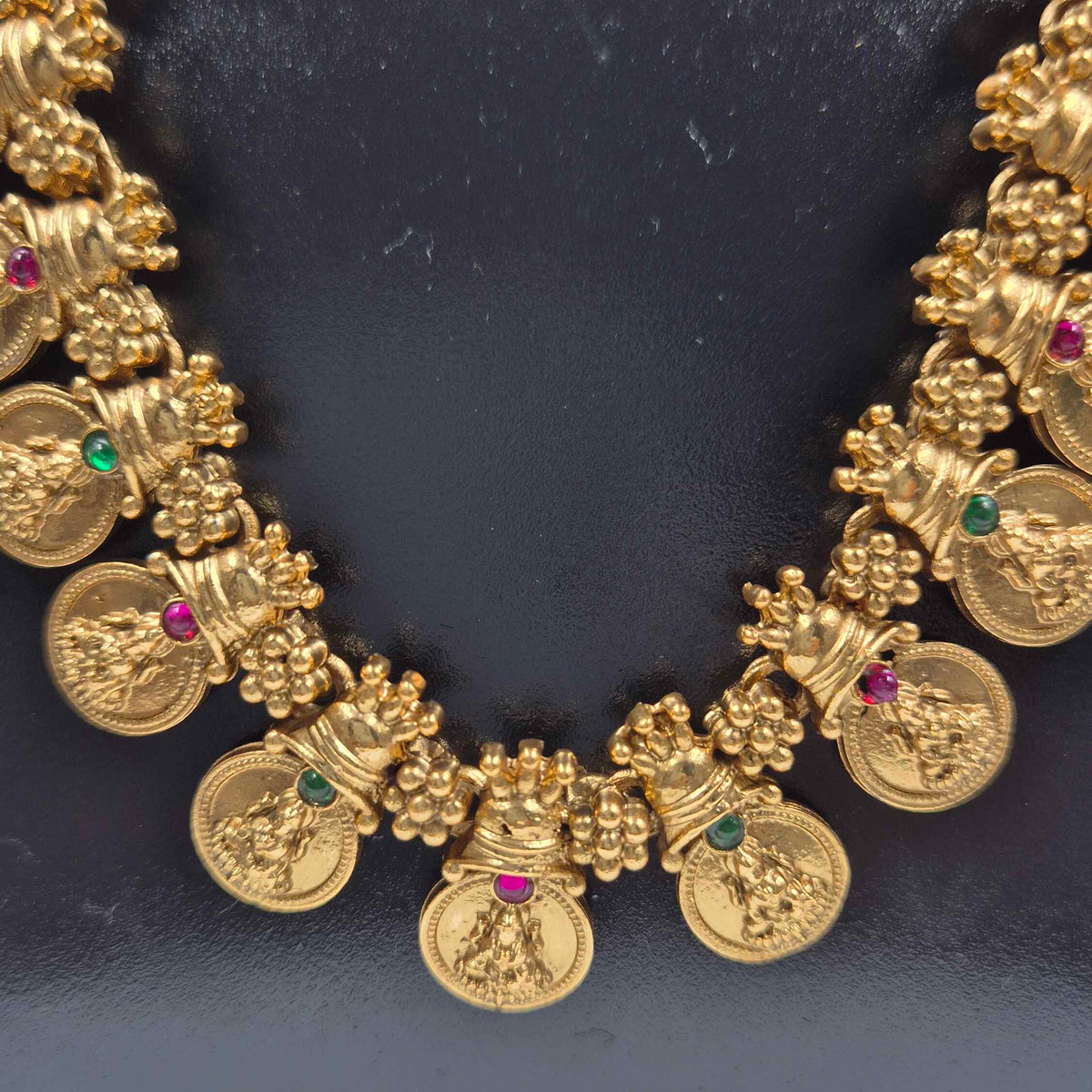 Lakshmi Kasu Mala Necklace with Pink & Green Stone Accents