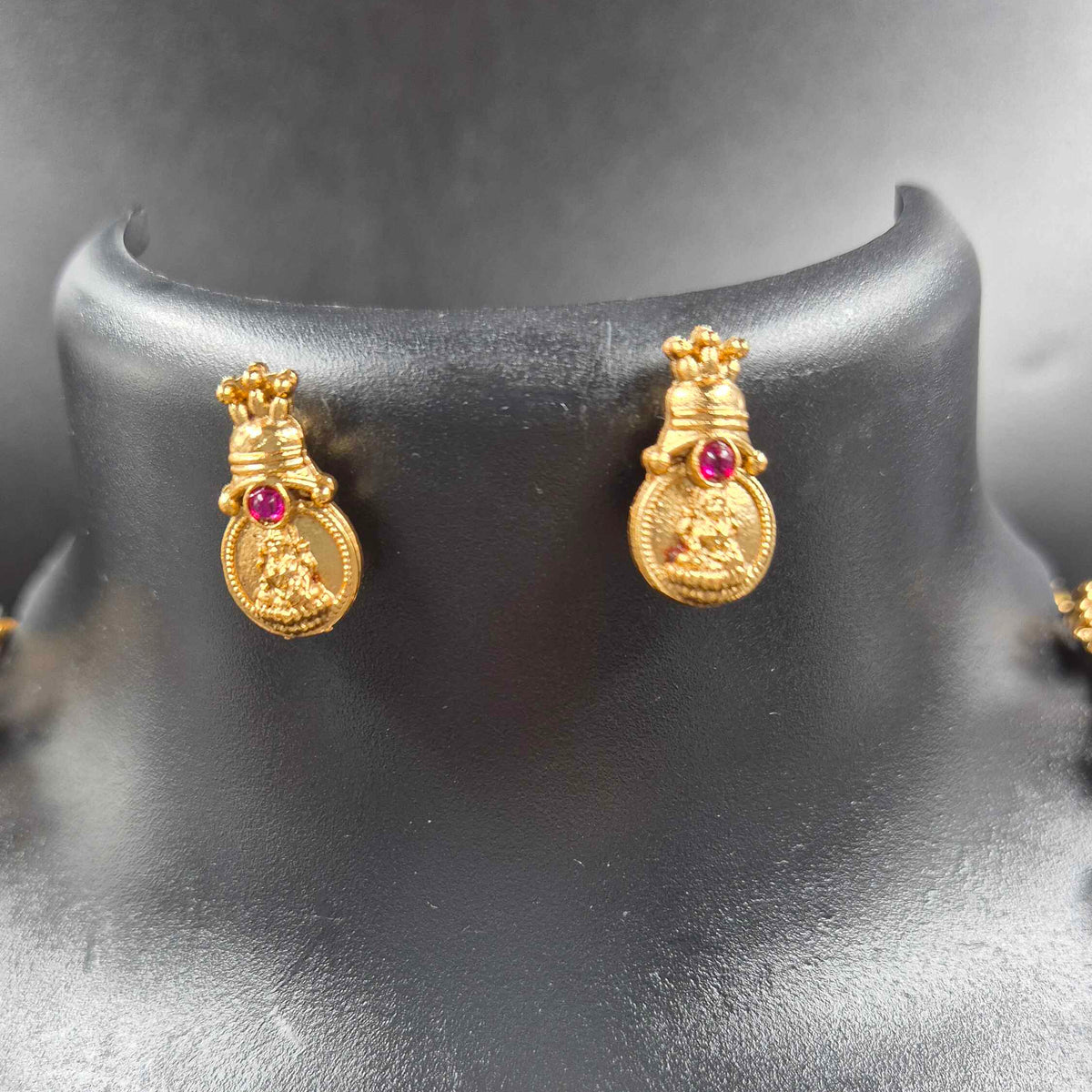 Lakshmi Kasu Mala Necklace with Pink & Green Stone Accents