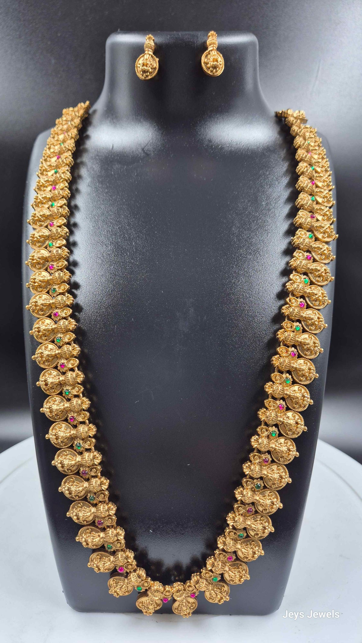 Lakshmi Kasu Mala Necklace with Pink & Green Stone Accents