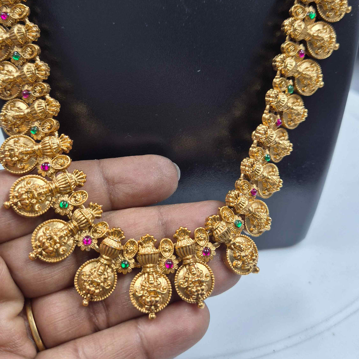 Lakshmi Kasu Mala Necklace with Pink & Green Stone Accents