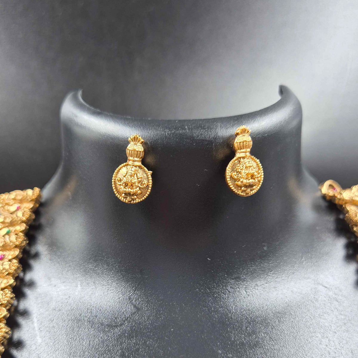 Lakshmi Kasu Mala Necklace with Pink & Green Stone Accents