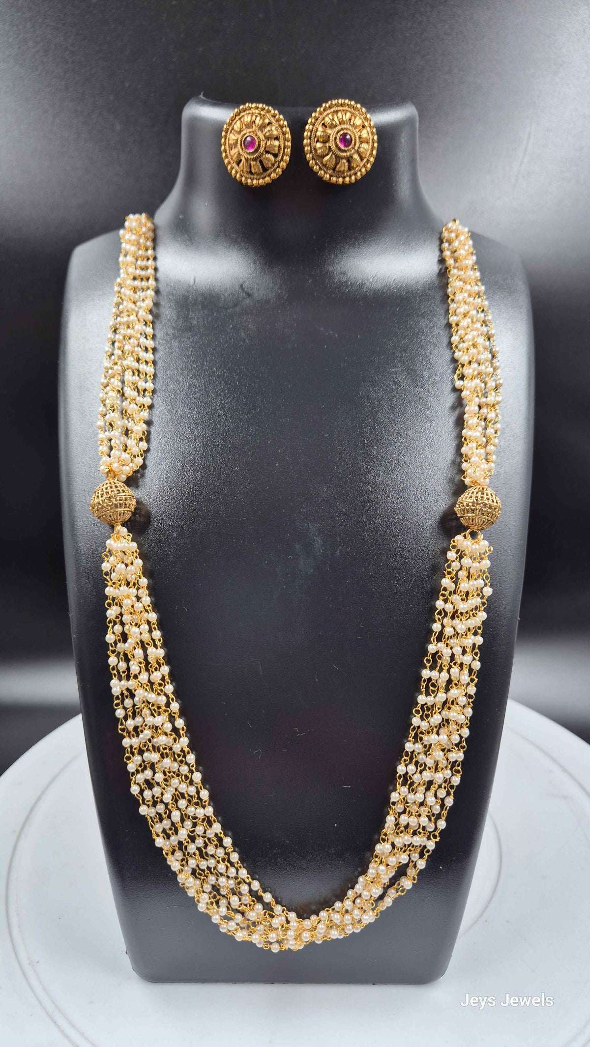 Multi-Strand Pearl Mala Necklace with Pink Stone Stud