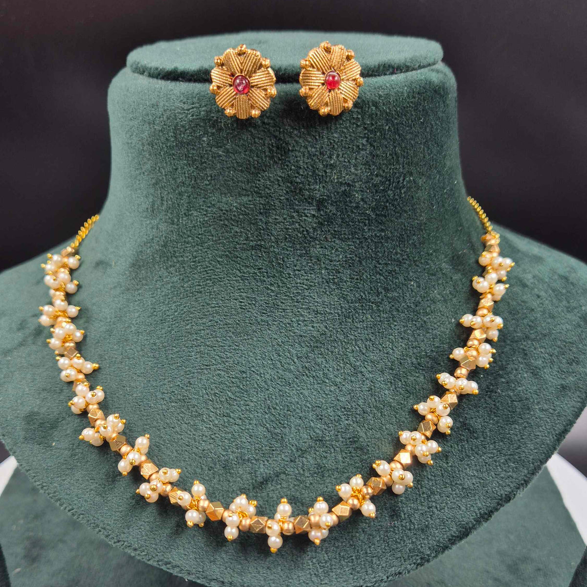 Pearl Beaded Gold Finish Necklace Set with Floral Stud Earrings
