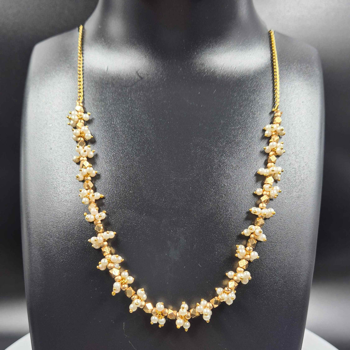 Pearl Beaded Gold Finish Necklace Set with Floral Stud Earrings