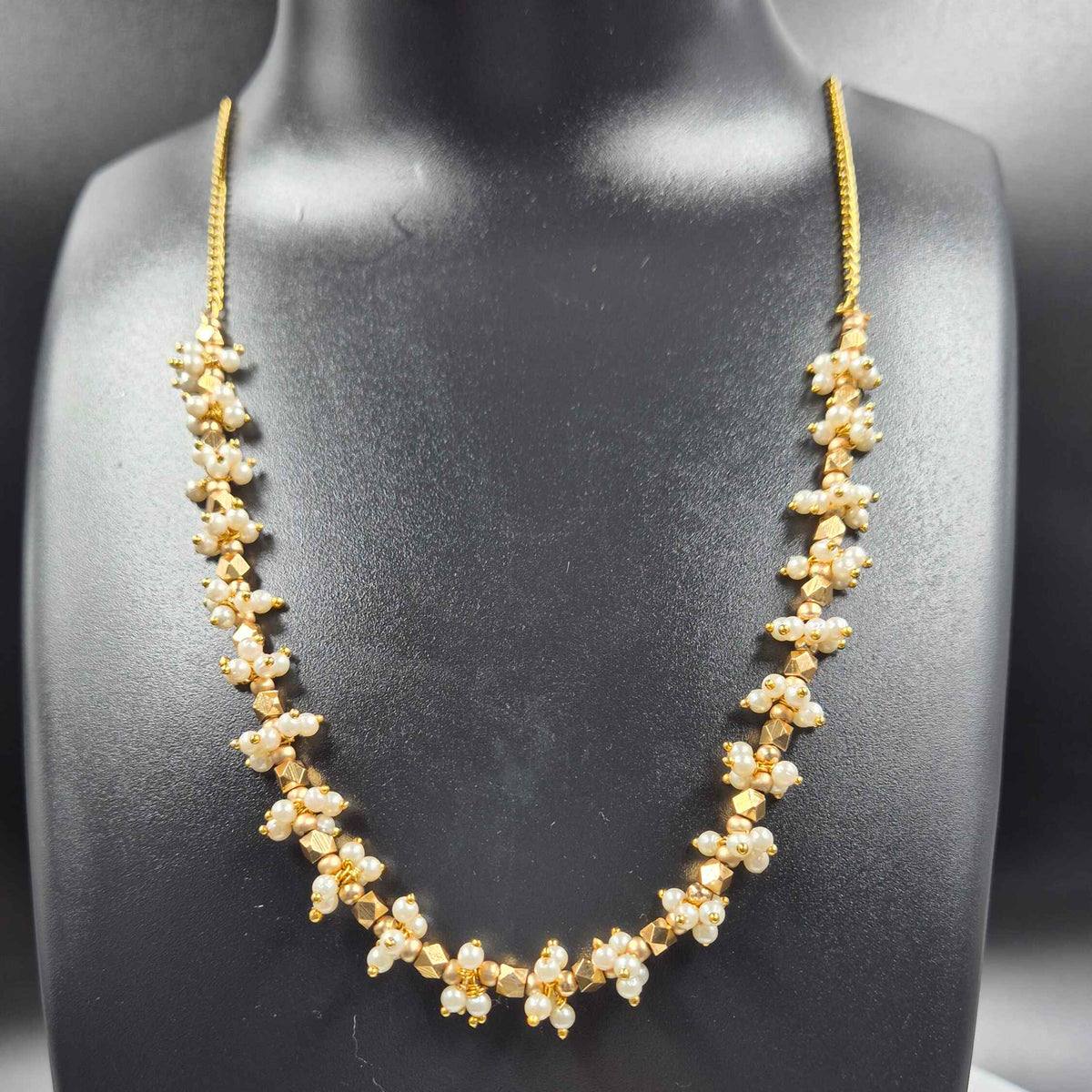 Pearl Beaded Gold Finish Necklace Set with Floral Stud Earrings