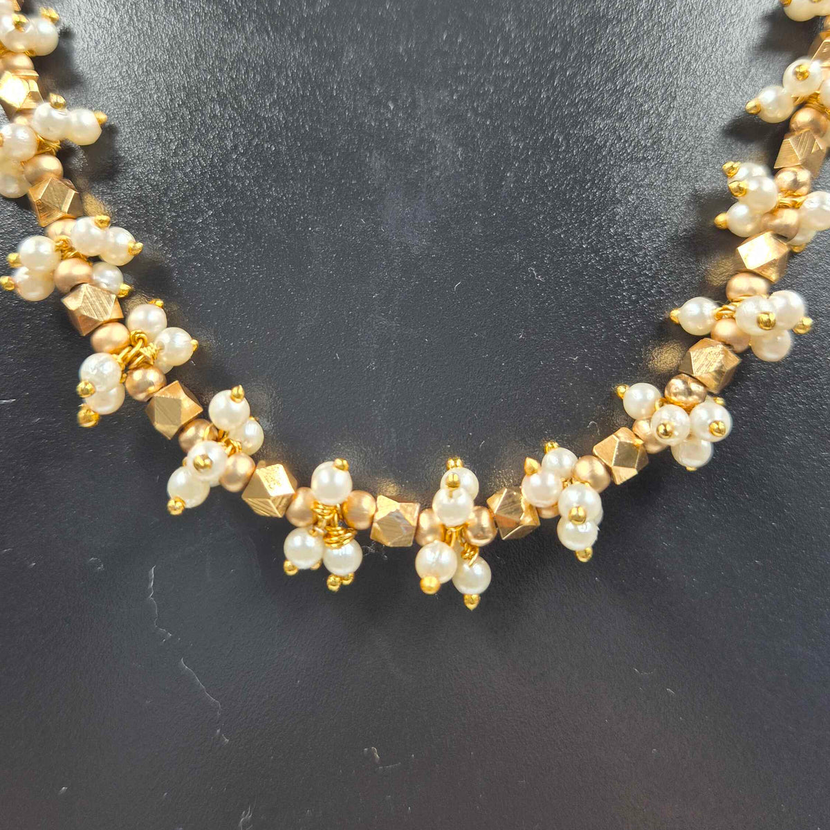 Pearl Beaded Gold Finish Necklace Set with Floral Stud Earrings