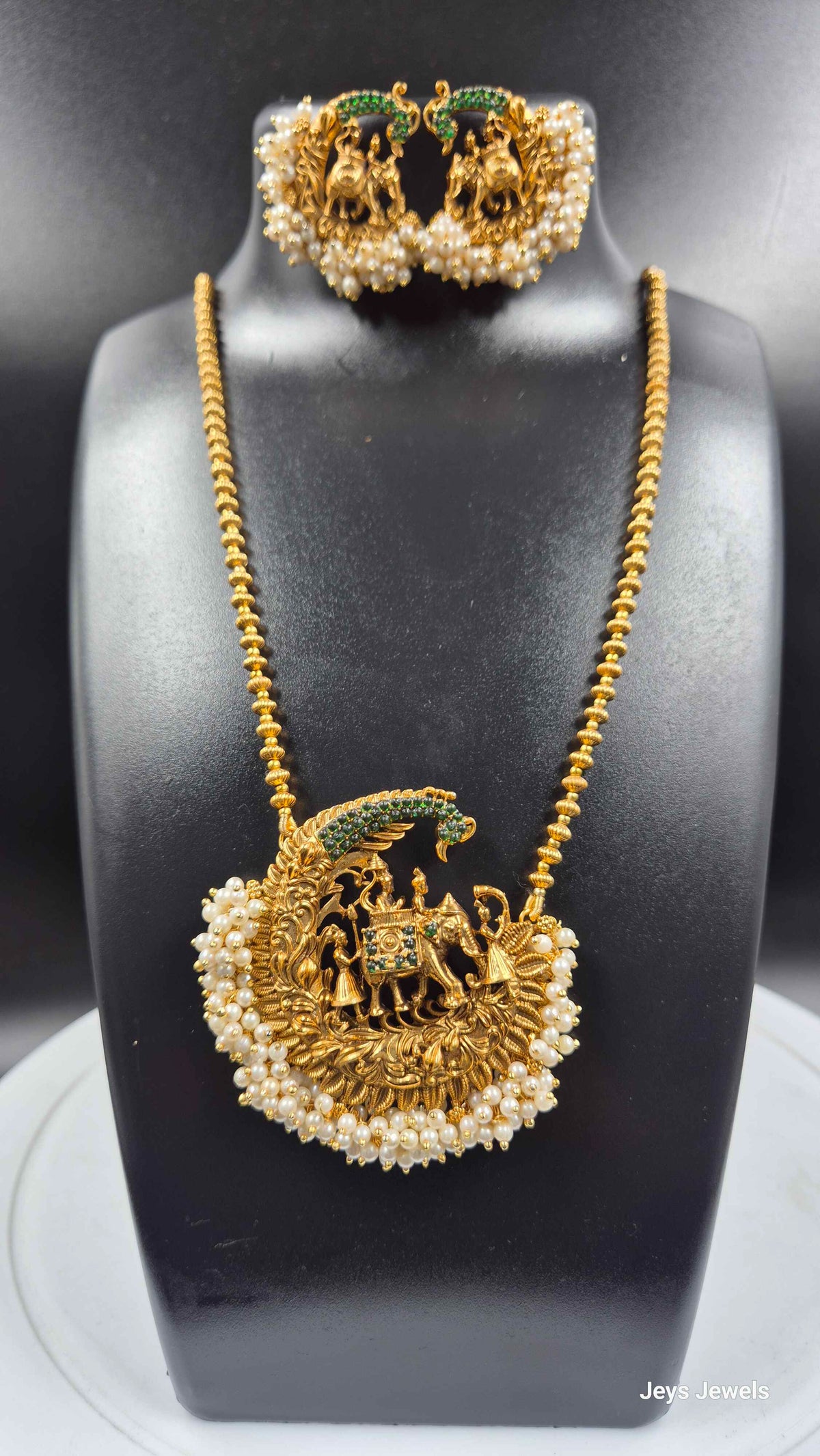 King on Elephant Temple Necklace with Peacock and Pearl Detailing