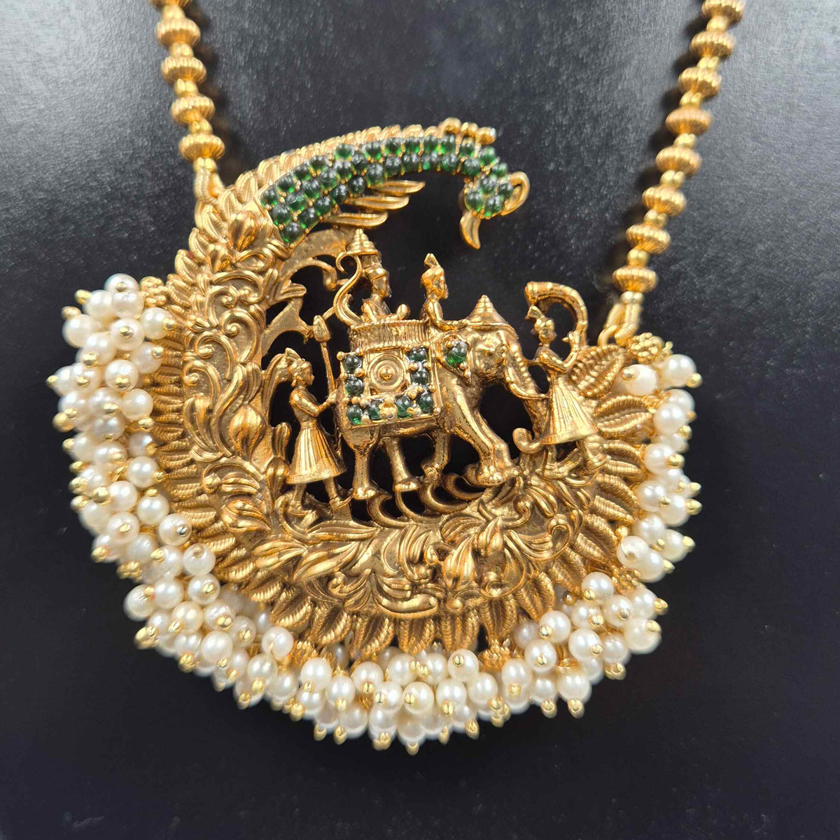 King on Elephant Temple Necklace with Peacock and Pearl Detailing