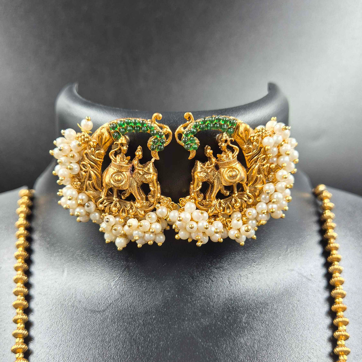 King on Elephant Temple Necklace with Peacock and Pearl Detailing