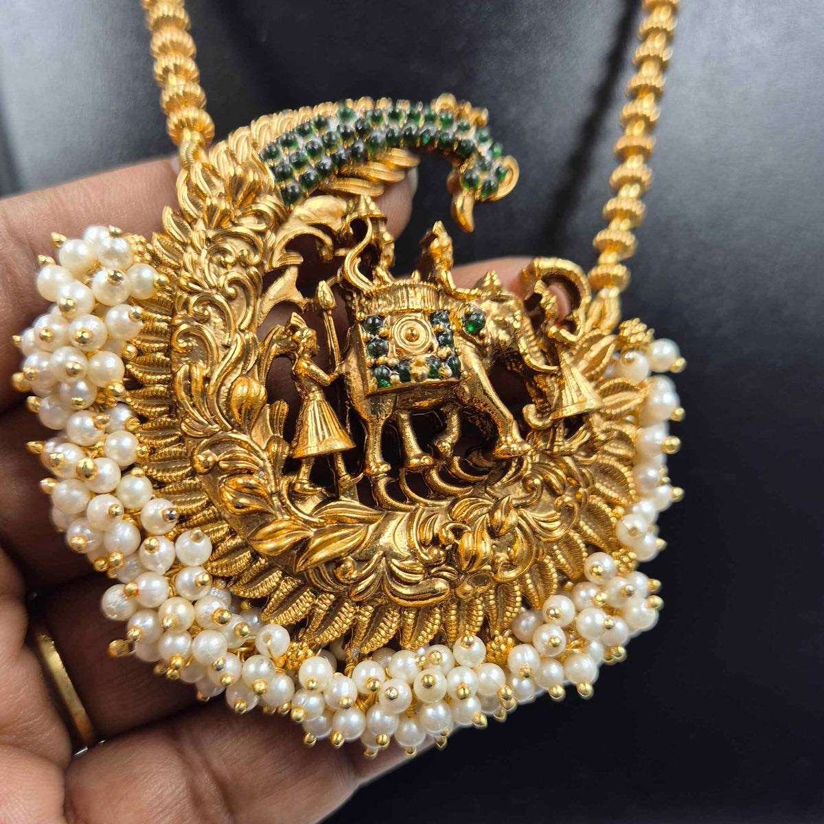 King on Elephant Temple Necklace with Peacock and Pearl Detailing