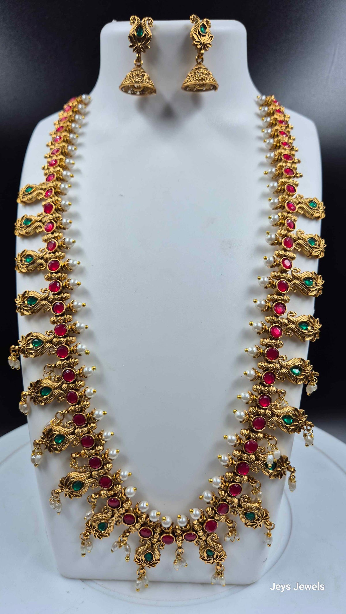 Traditional Peacock Haram Necklace with Ruby Green Stones and Pearls