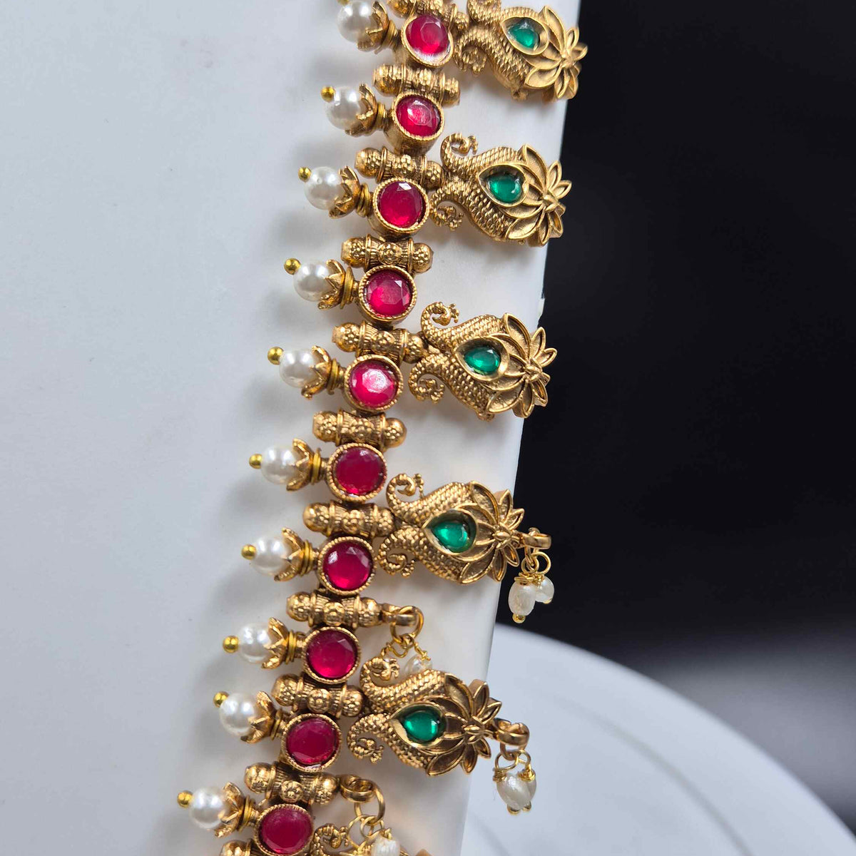 Traditional Peacock Haram Necklace with Ruby Green Stones and Pearls