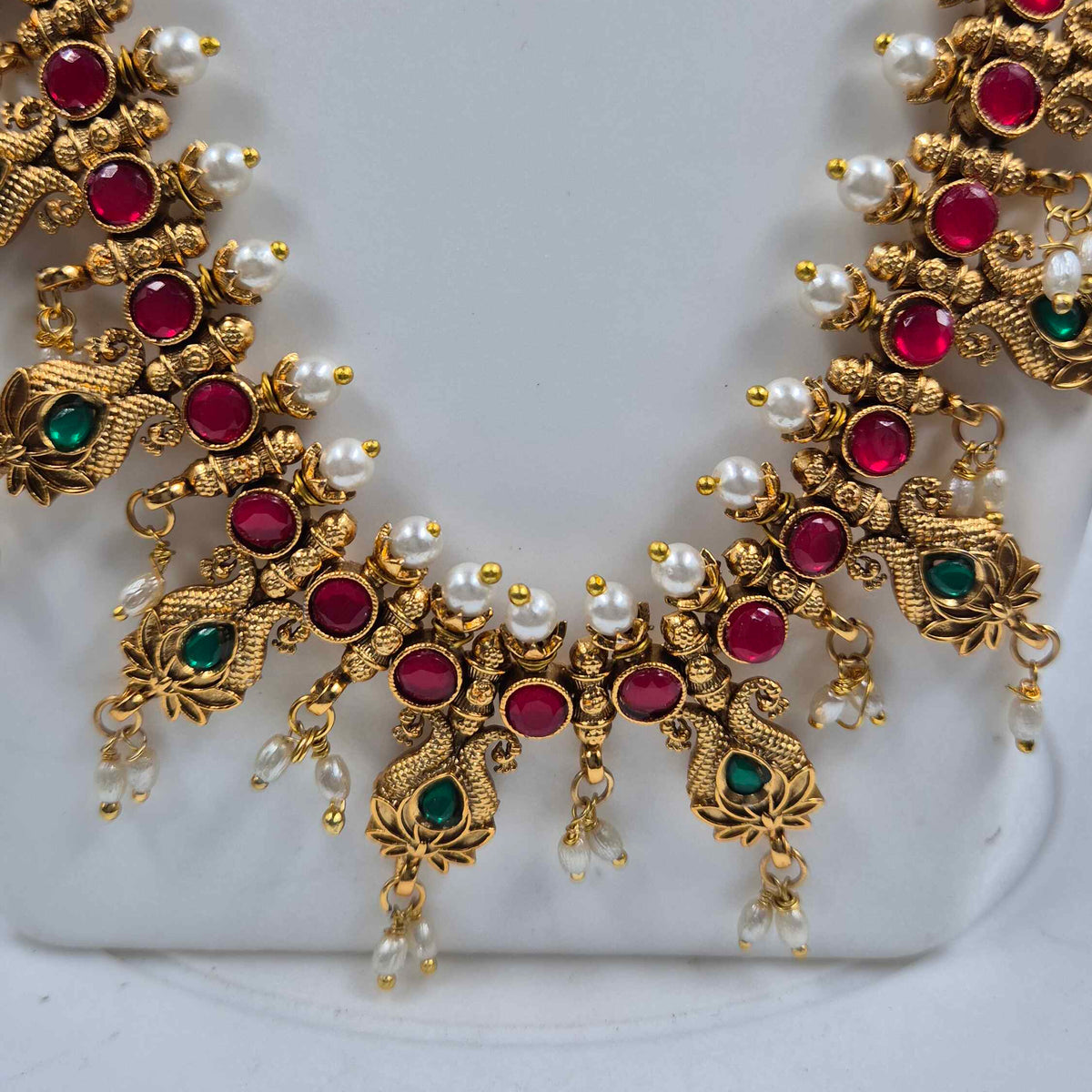 Traditional Peacock Haram Necklace with Ruby Green Stones and Pearls