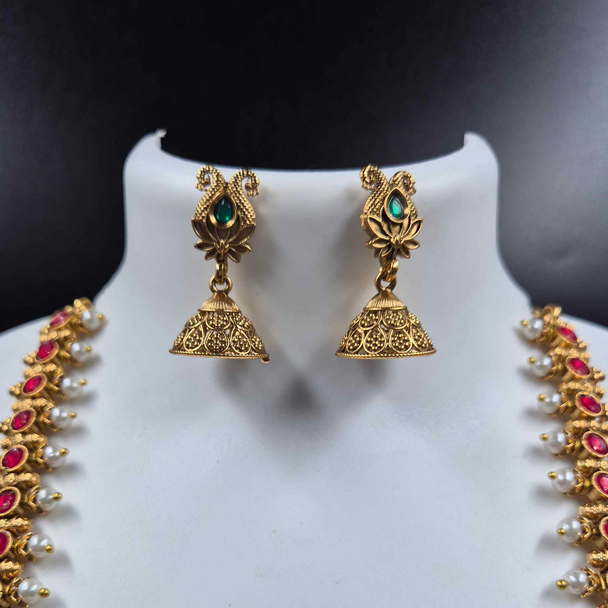 Traditional Peacock Haram Necklace with Ruby Green Stones and Pearls