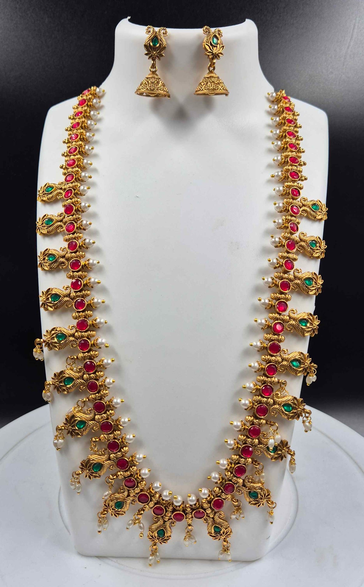 Traditional Peacock Haram Necklace with Ruby Green Stones and Pearls