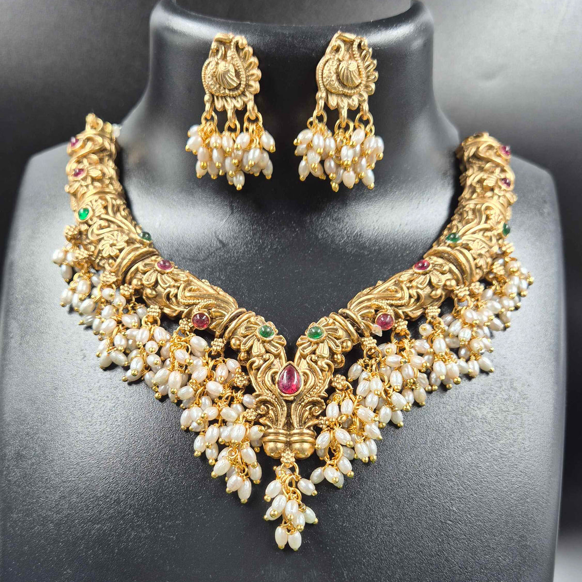 Gold Finish Necklace Set with Pearl Drops