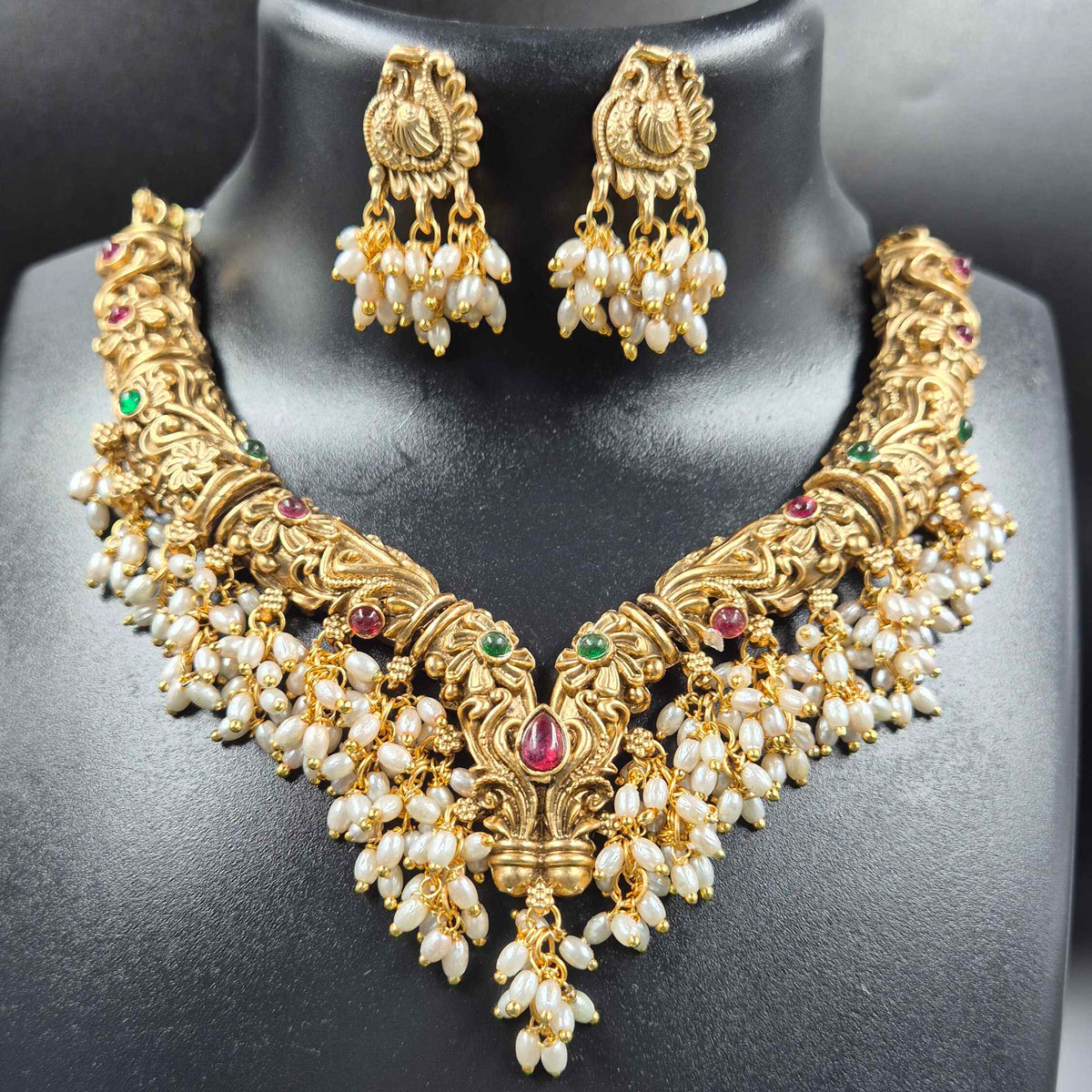 Gold Finish Necklace Set with Pearl Drops