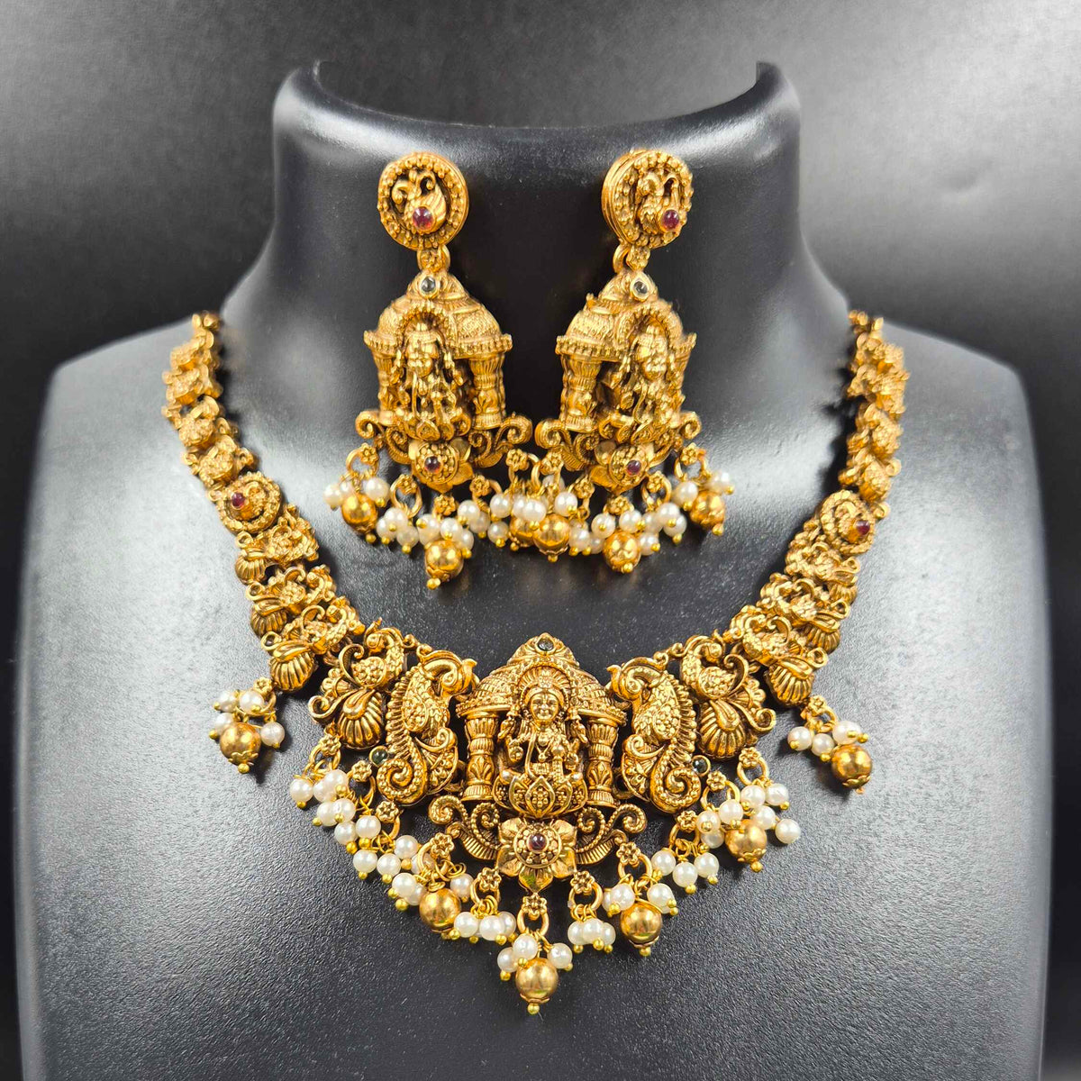 Lakshmi Temple Necklace Set with Pearl Drops and Earrings