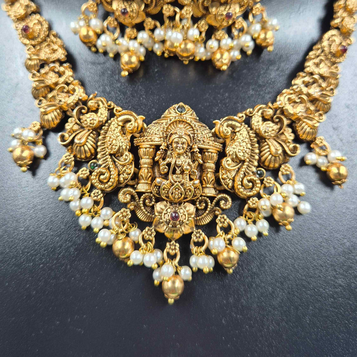 Lakshmi Temple Necklace Set with Pearl Drops and Earrings