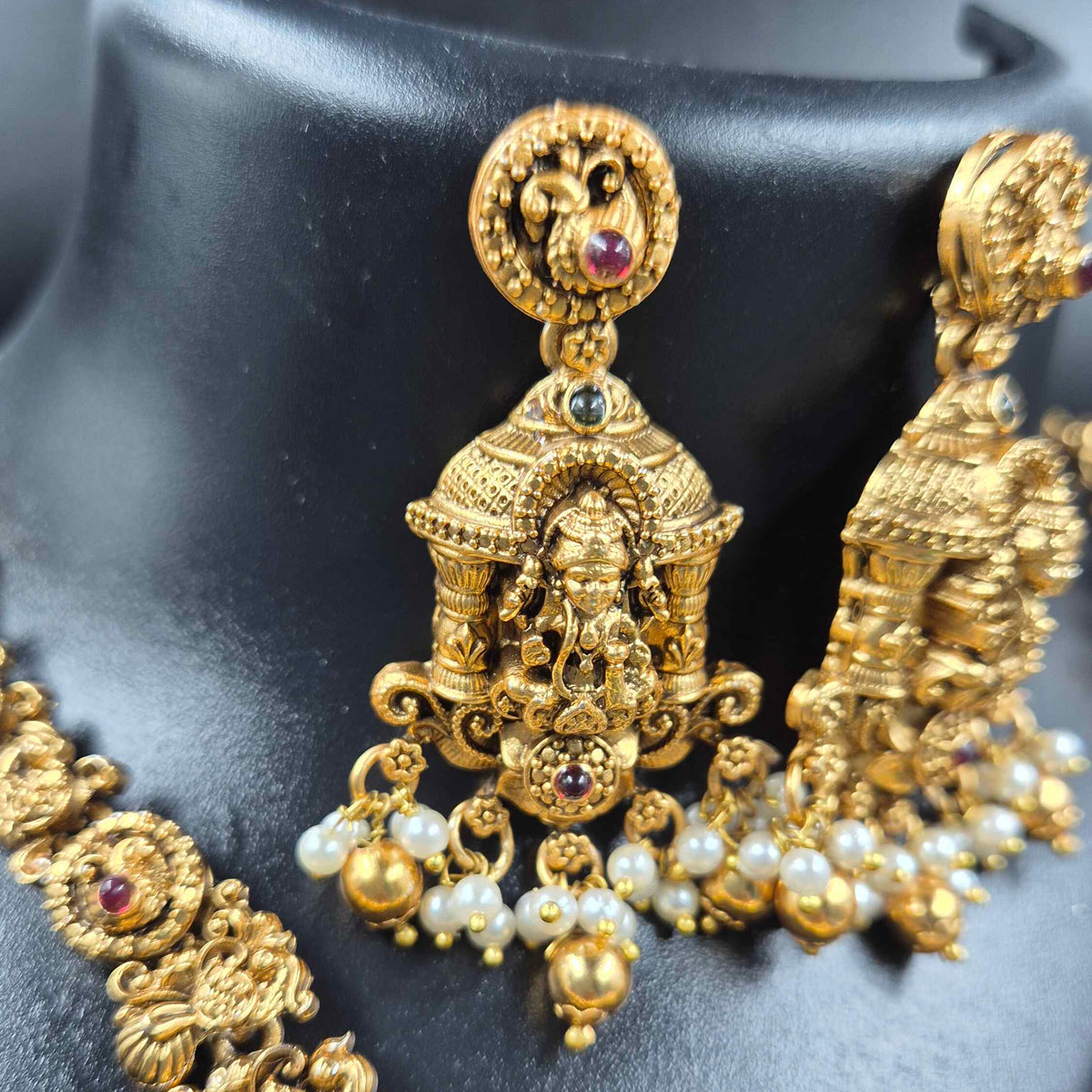 Lakshmi Temple Necklace Set with Pearl Drops and Earrings