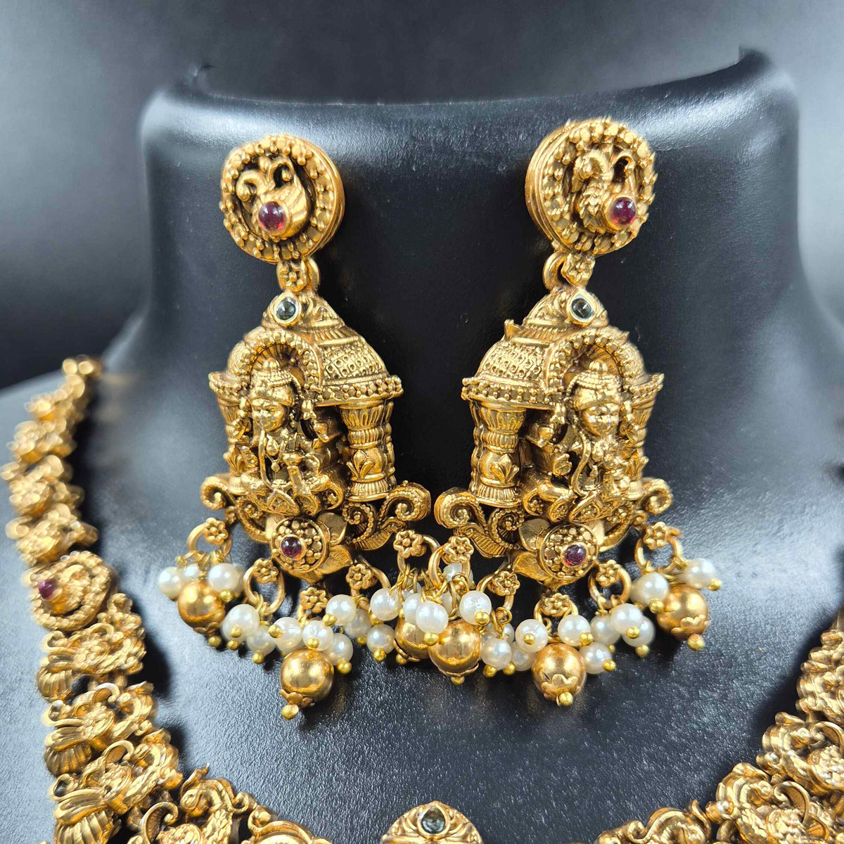 Lakshmi Temple Necklace Set with Pearl Drops and Earrings