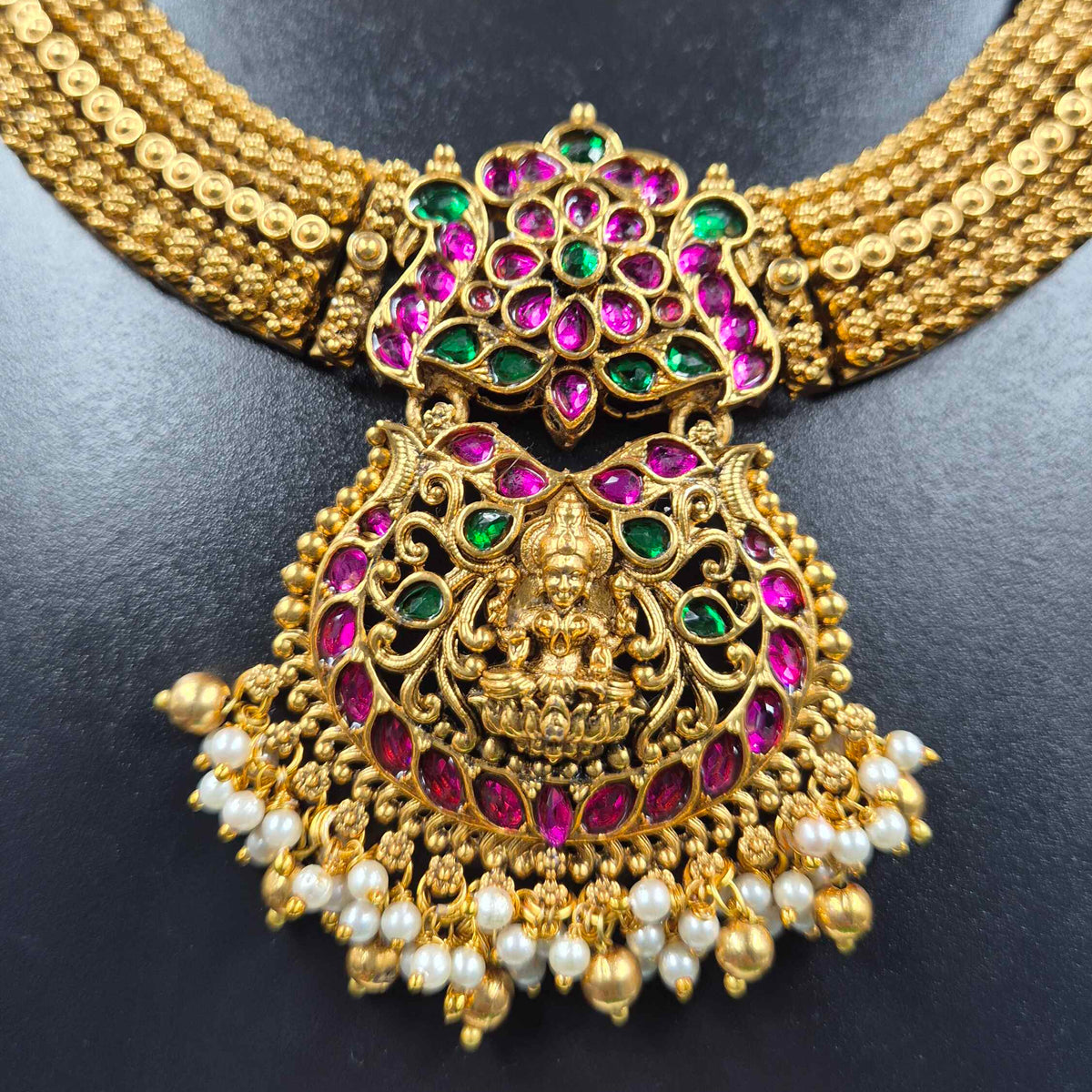 Lakshmi Kemp Stone Necklace Set with Pearl Drops