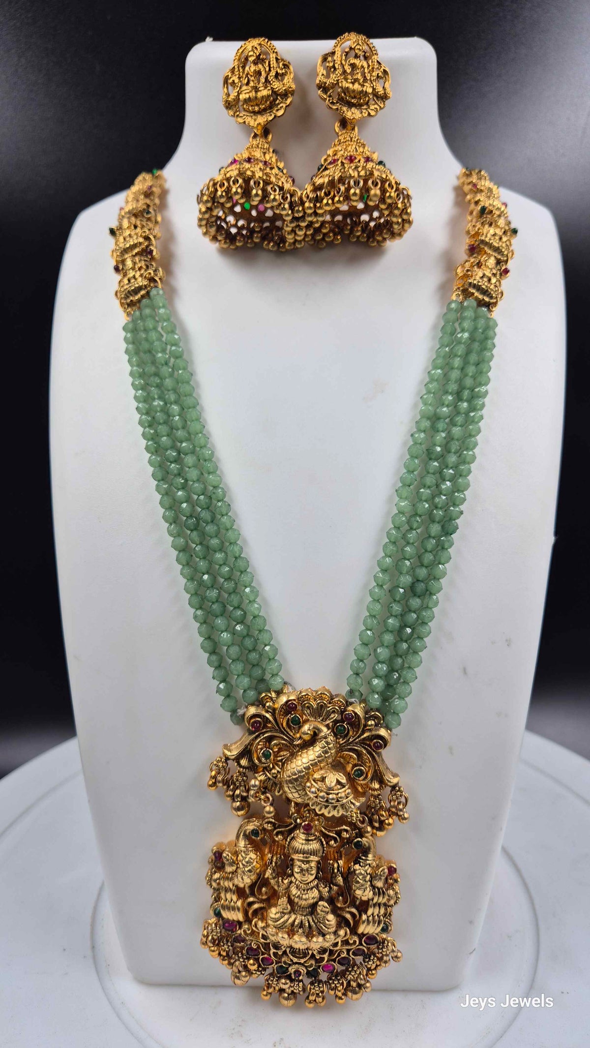 Mint Green Beaded Lakshmi haram with Peacock Pendant