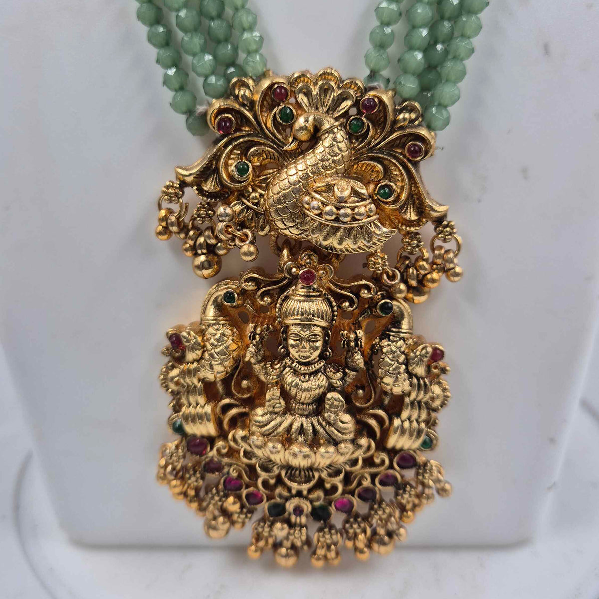 Mint Green Beaded Lakshmi haram with Peacock Pendant