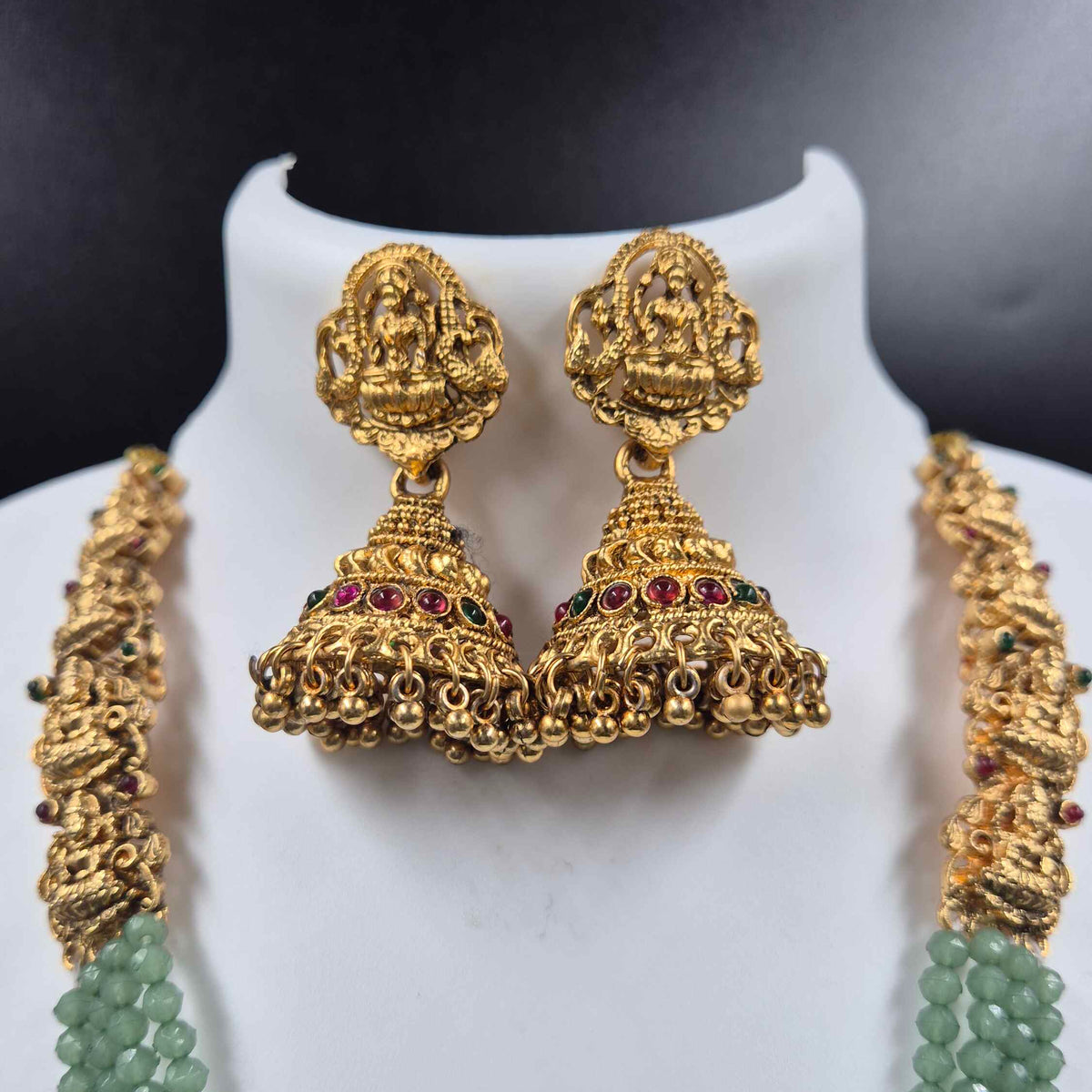 Mint Green Beaded Lakshmi haram with Peacock Pendant