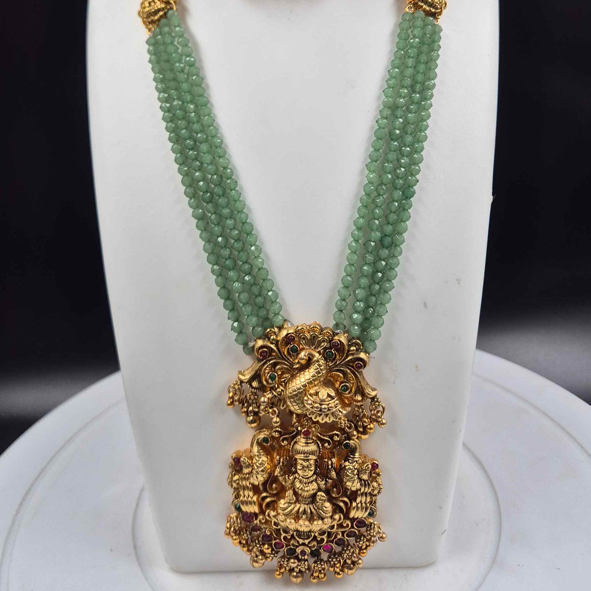 Mint Green Beaded Lakshmi haram with Peacock Pendant