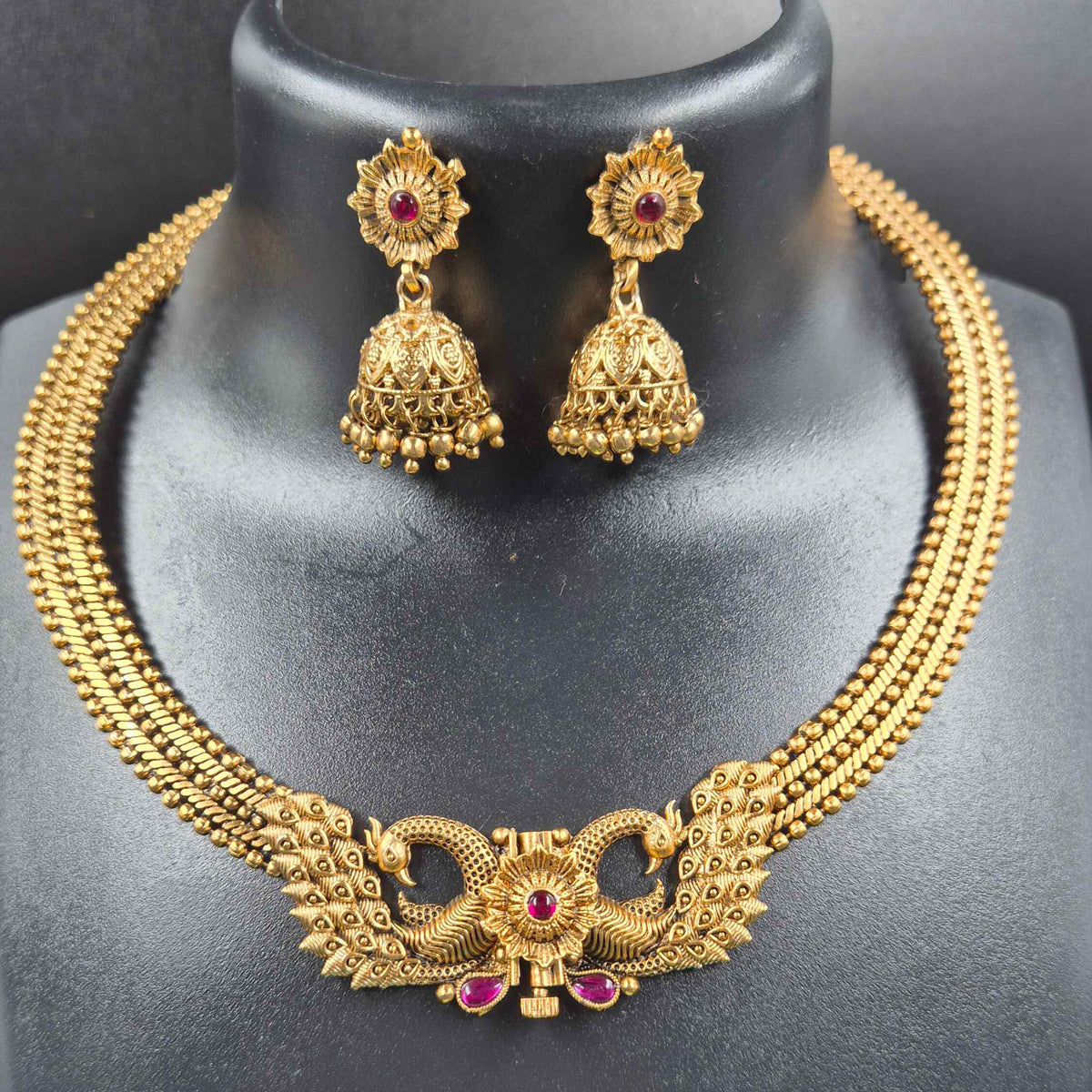 Front Screw Peacock Necklace Set with Ruby Stone Accents