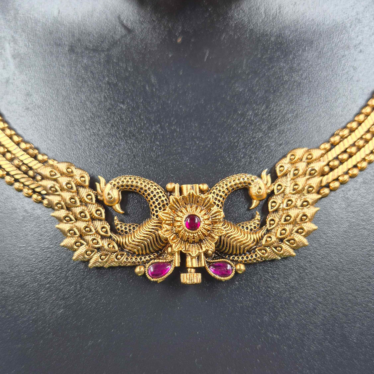 Front Screw Peacock Necklace Set with Ruby Stone Accents